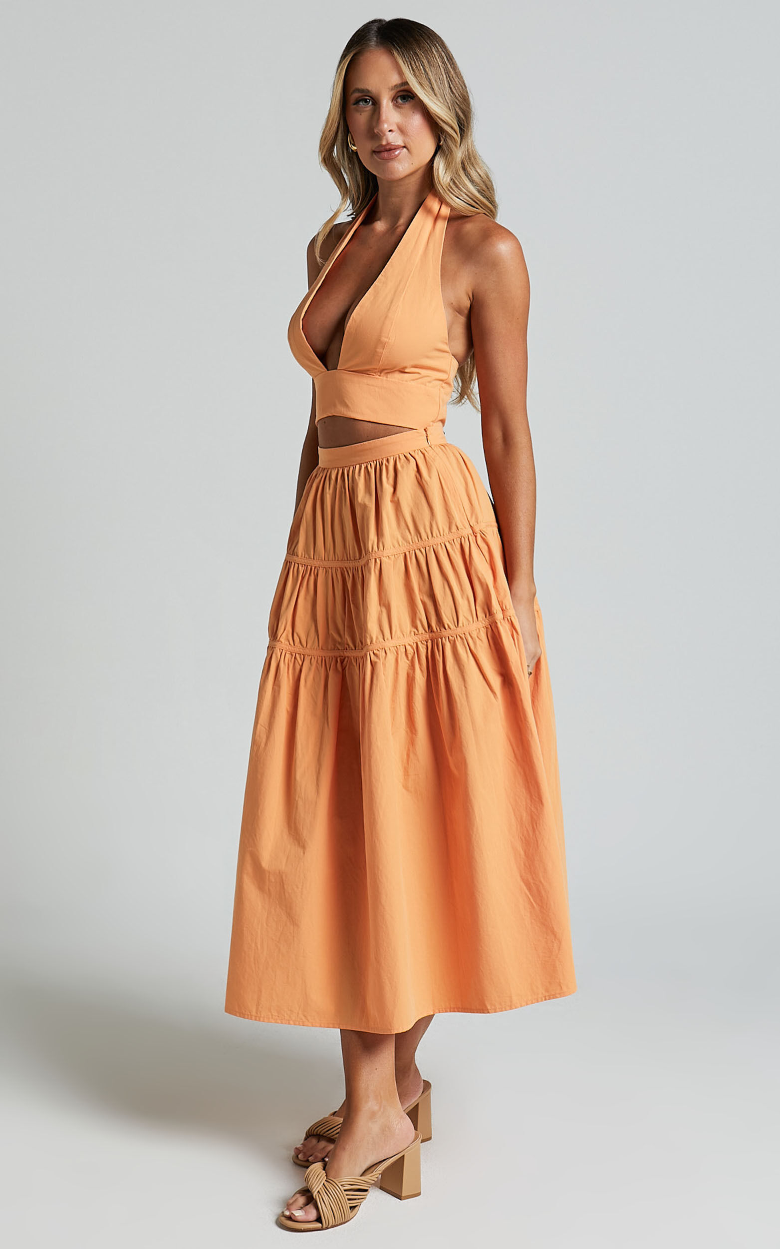 Andrielly Two Piece Set - Halter Neck Top and Gathered Midi Skirt 