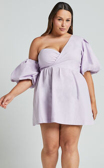 Sula Mini Dress - Asymmetric Off One Shoulder Puff Sleeve Dress in Lilac