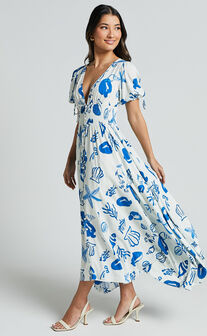 Eleanor Midi Dress - V Neck Short Puff Sleeve Dress in Blue Print