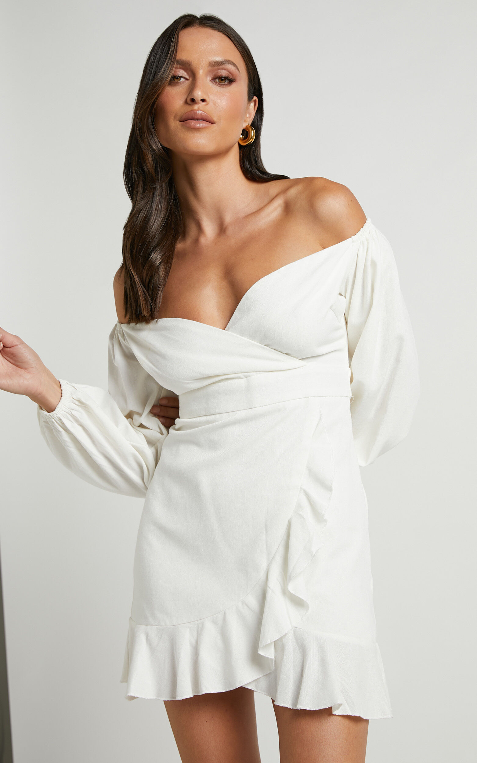 Can t Move On Mini Dress Linen Look Off Shoulder Dress in White Linen Look