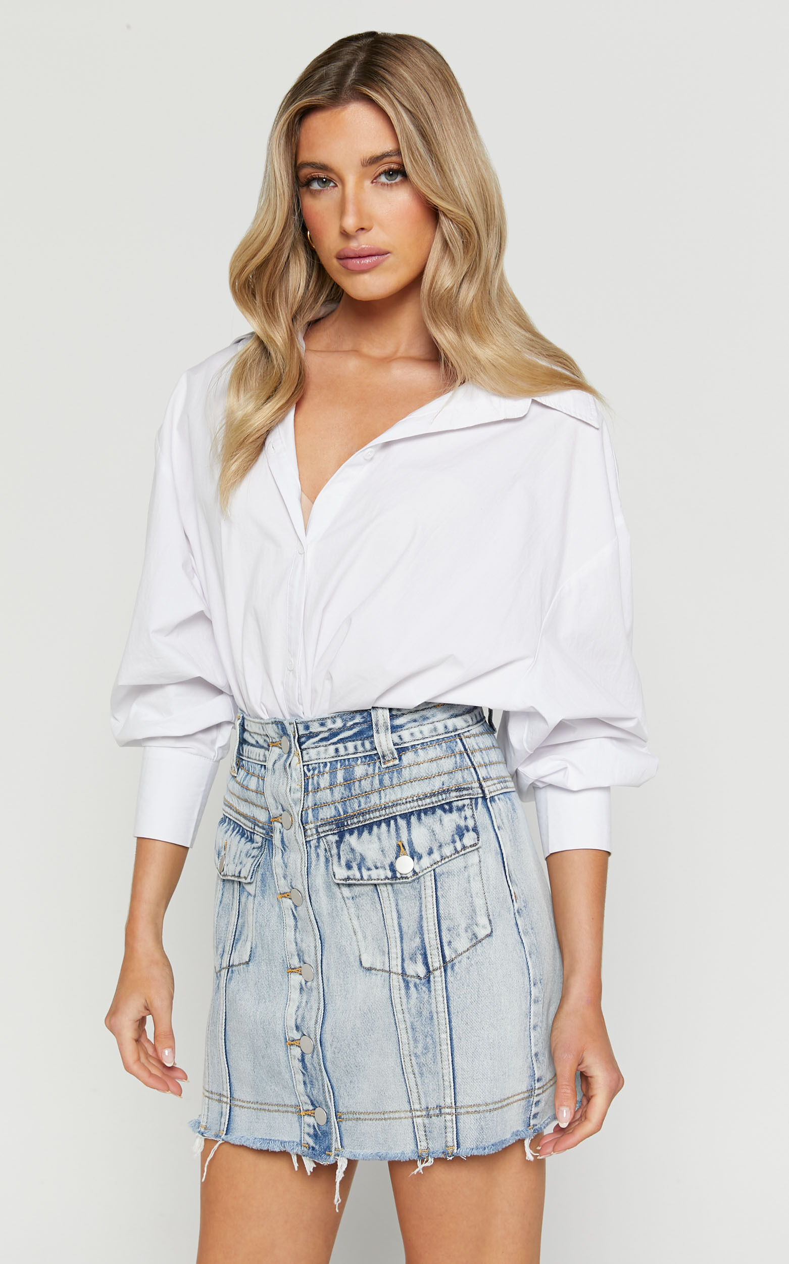 Gennlee Mini Skirt Cotton Contrast Denim Skirt in Light Wash Blue
