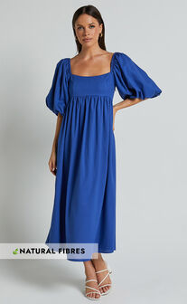 Cenia Midi Dress - Linen Look Straight Neck Shirred Back Puff Sleeve Dress in Bright Blue