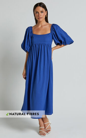 Cenia Midi Dress - Linen Look Straight Neck Shirred Back Puff Sleeve Dress in Bright Blue Showpo