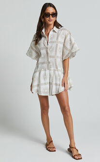 Alice Playsuit - Short Sleeve Relaxed Button Up Playsuit in White & Brown Sun Print