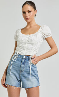 Valerie Top - Puff Sleeve Ruched Button Front Tie Hem Top in White