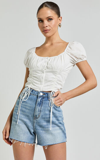 Valerie Top - Puff Sleeve Ruched Button Front Tie Hem Top in White