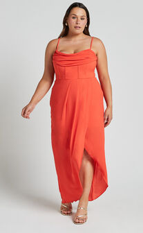 Andrina Midi Dress - High Low Wrap Corset Dress in Orange