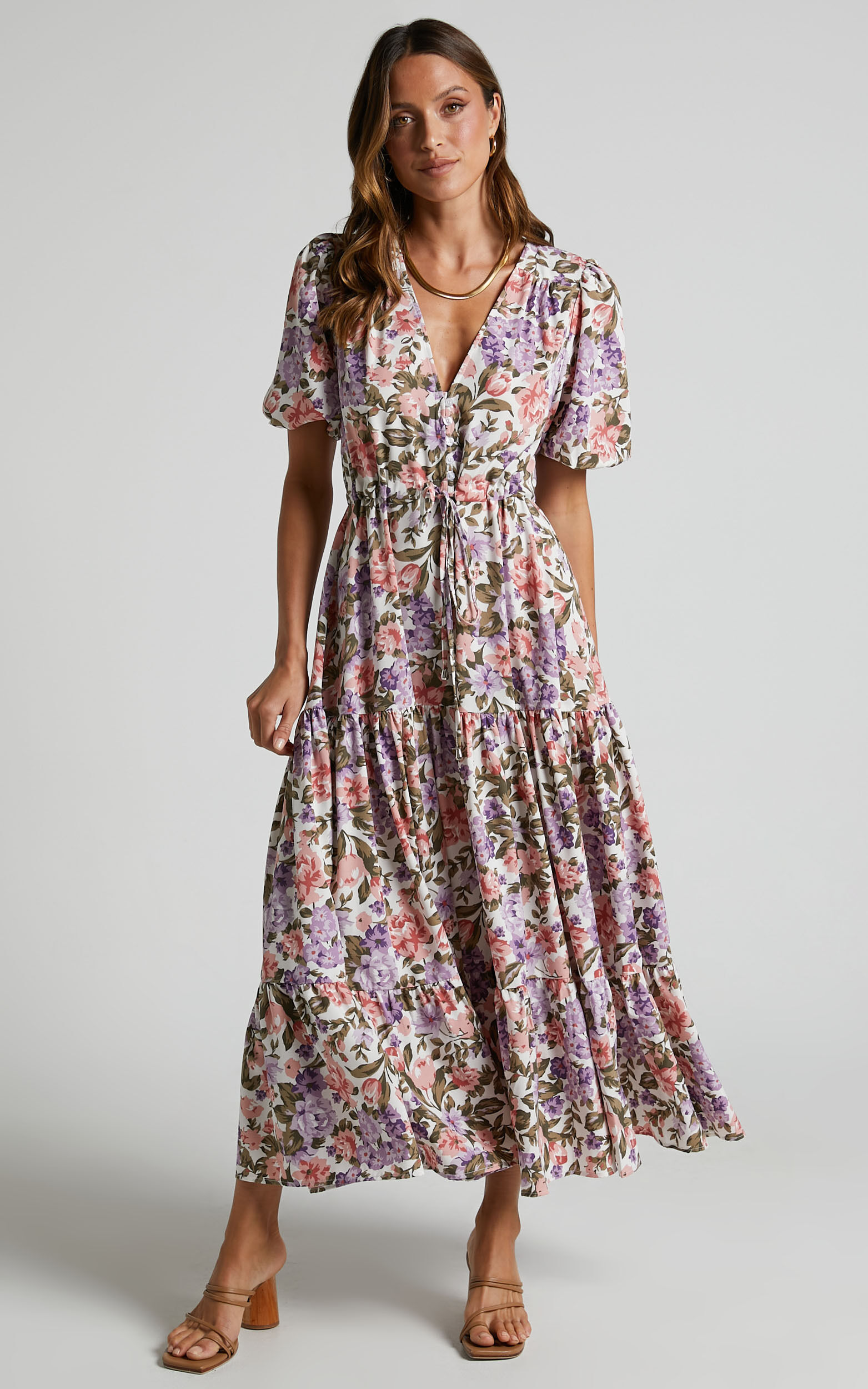Annika Midi Dress Button Front V Neck Short Sleeve Dress in Pink and Purple Floral