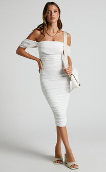 Ardina Midi Dress - Off Shoulder Ruched Bodycon Dress in White