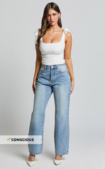 Bowie Jeans Mid Rise Recycled Relaxed Denim in Light Blue Wash Showpo Sale