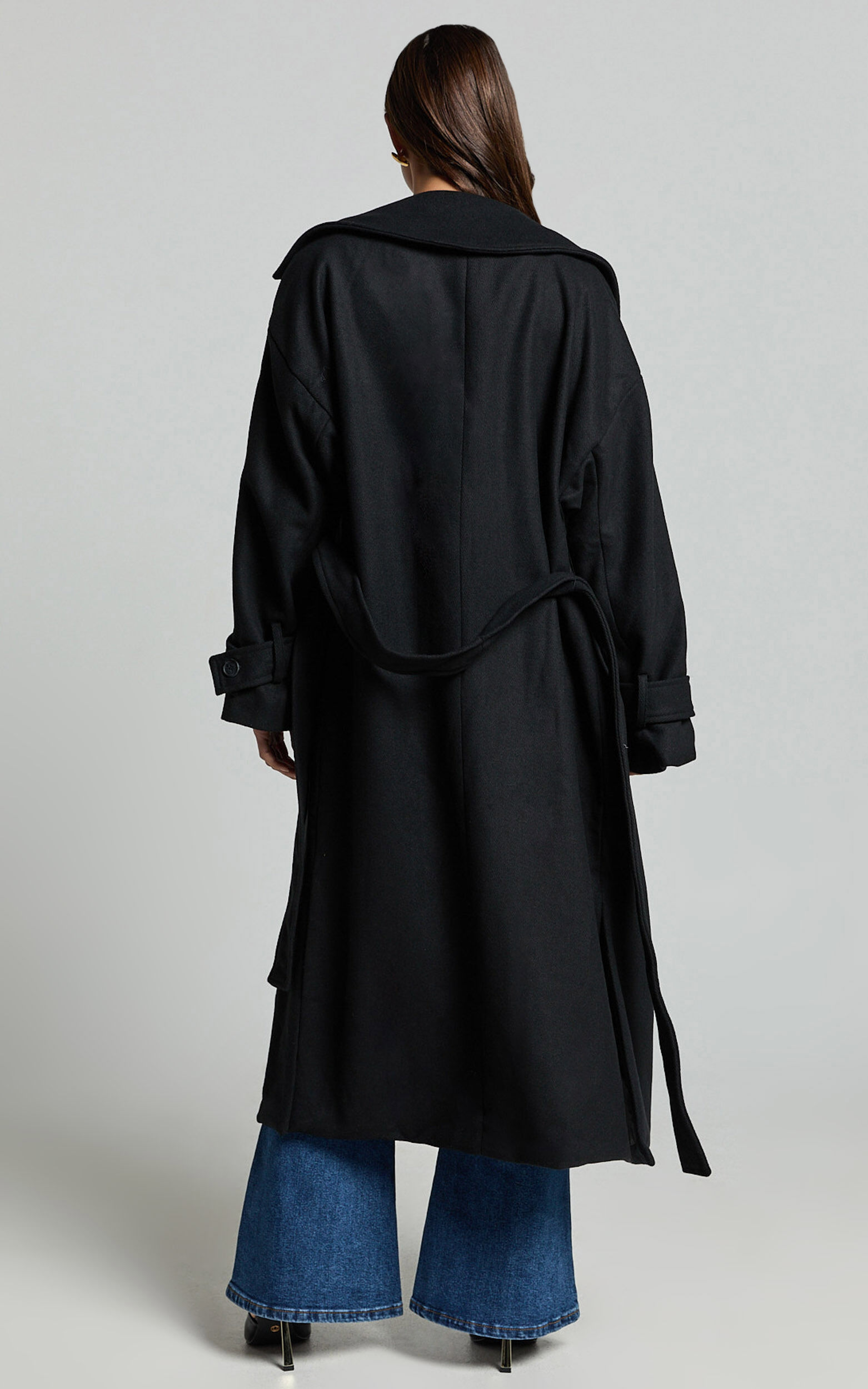 Mella Coat Belted Longline Coat in Black Showpo USA