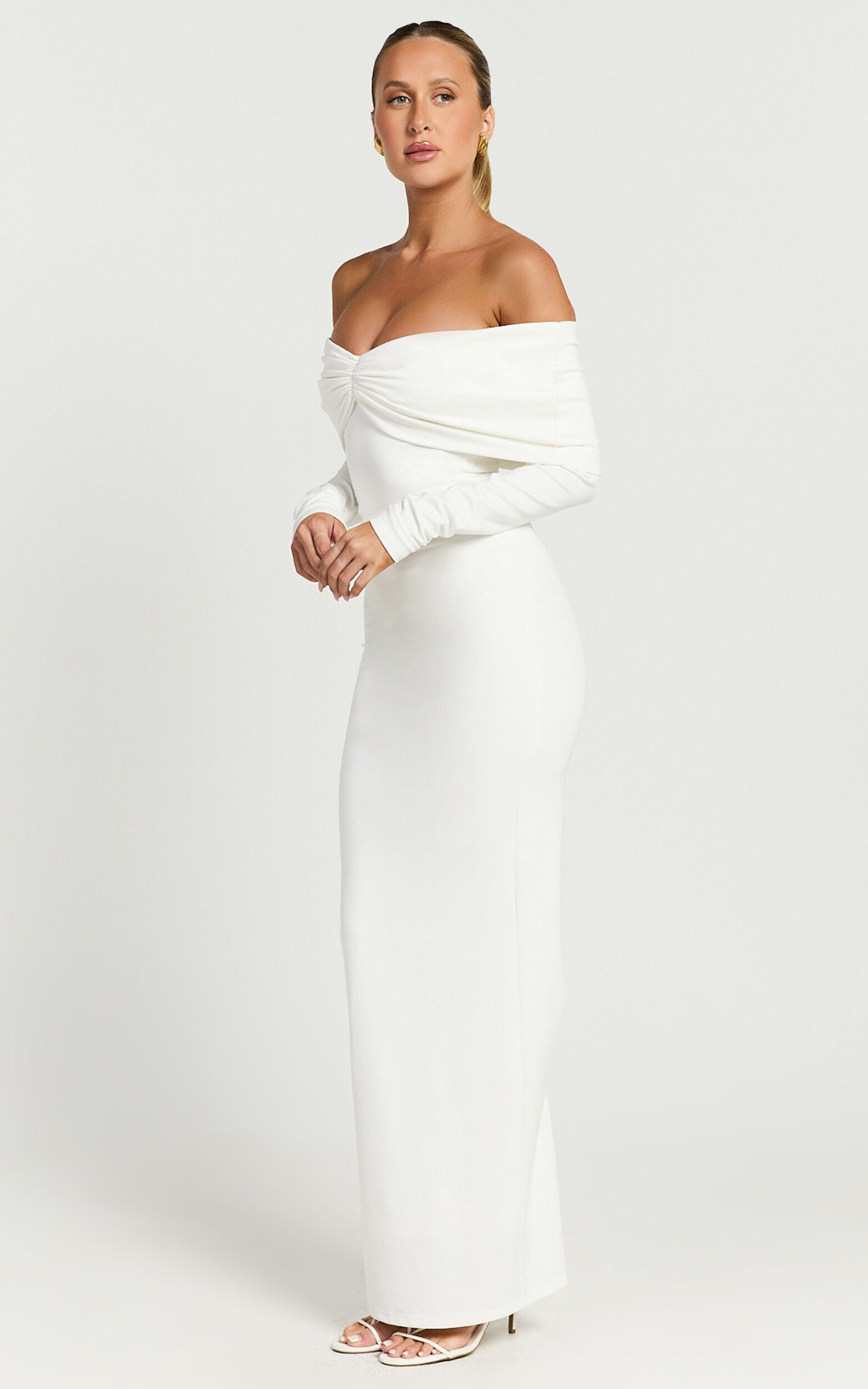 Rani Midi Dress - Off Shoulder Long Sleeve Bodycon Dress in Off White ...