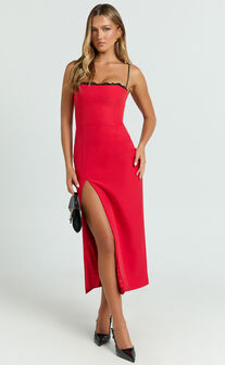 Richelle Midi Dress - Strappy Contrast Lace Straight Neck Fitted Side Leg Split Dress in Red