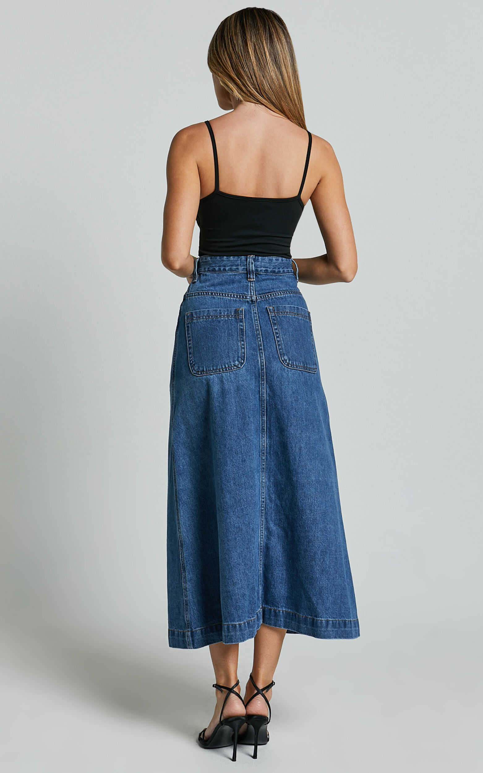 Alisa Midi Skirt Button Through A Line Denim Skirt in Dark Blue Wash