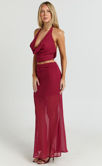 Saskia Two Piece Set - Cowl Tie Neck Top And Low Rise Maxi Skirt in Dark Red