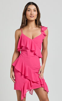 Zaria Mini Dress - Asymmetric Frill Detail Mini Dress in Hot Pink
