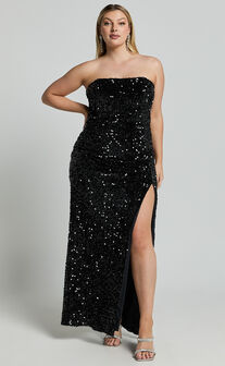 Ava Maxi Dress - Strapless High Split Sequin Dress in Black