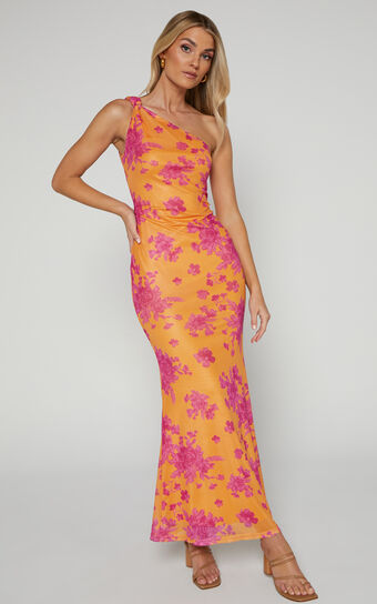 Yohanies Midi Dress - One Shoulder Twist Dress in Orange Floral