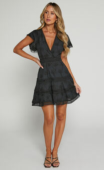 Ariana Mini Dress - V Neck Flutter Sleeve A Line in Black