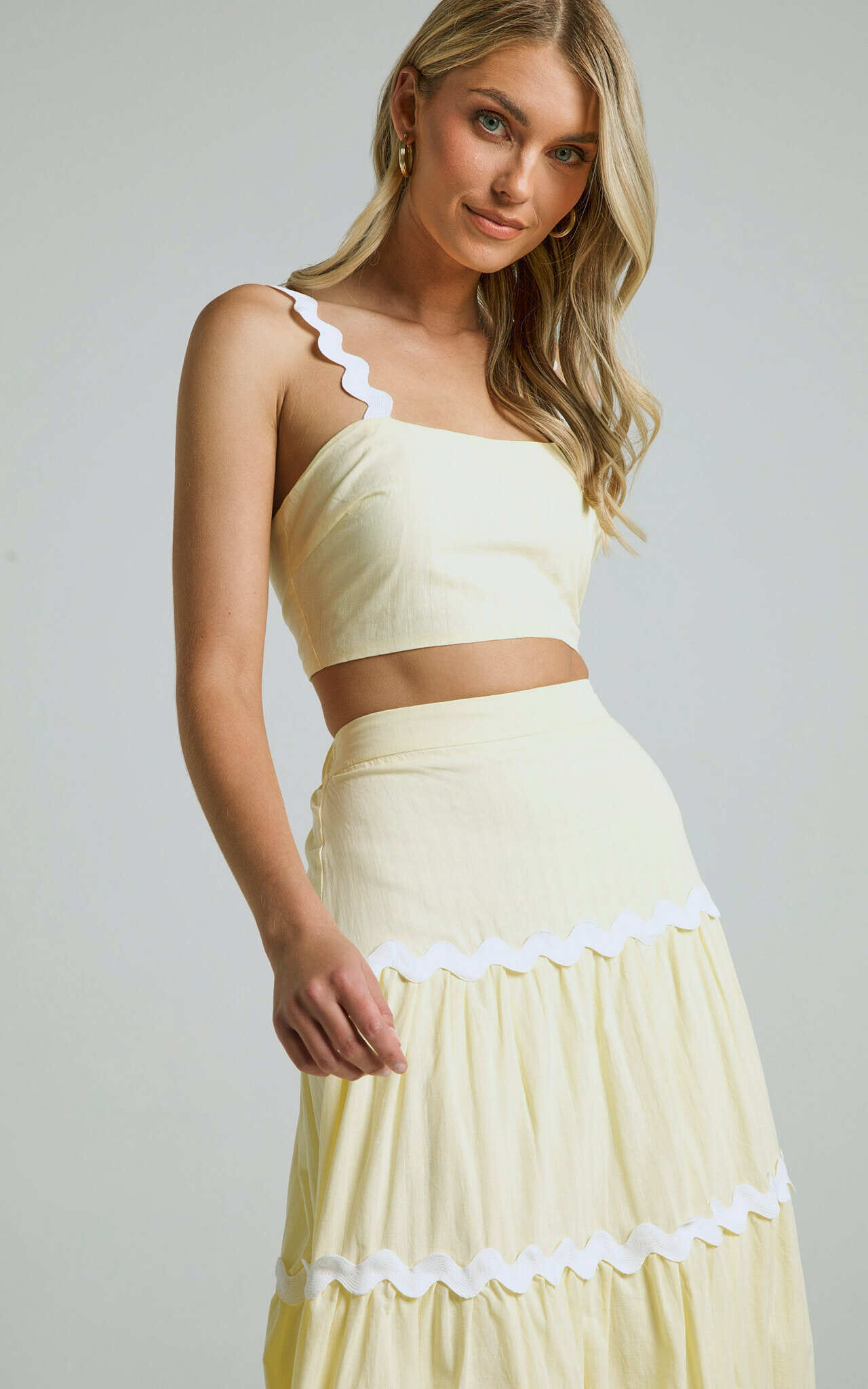 Loizella Two Piece Set Sleeveless Crop Top and Maxi Skirt Two Piece Set in Yellow Showpo