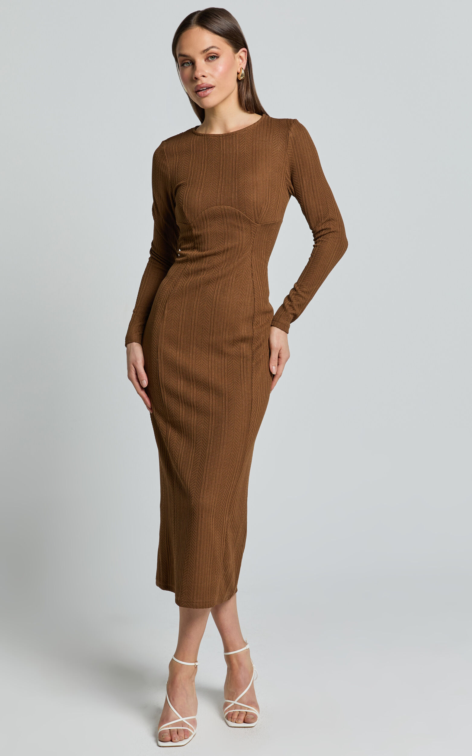 Divina Midi Dress Long Sleeve A Line Knit Dress in Brown Showpo USA