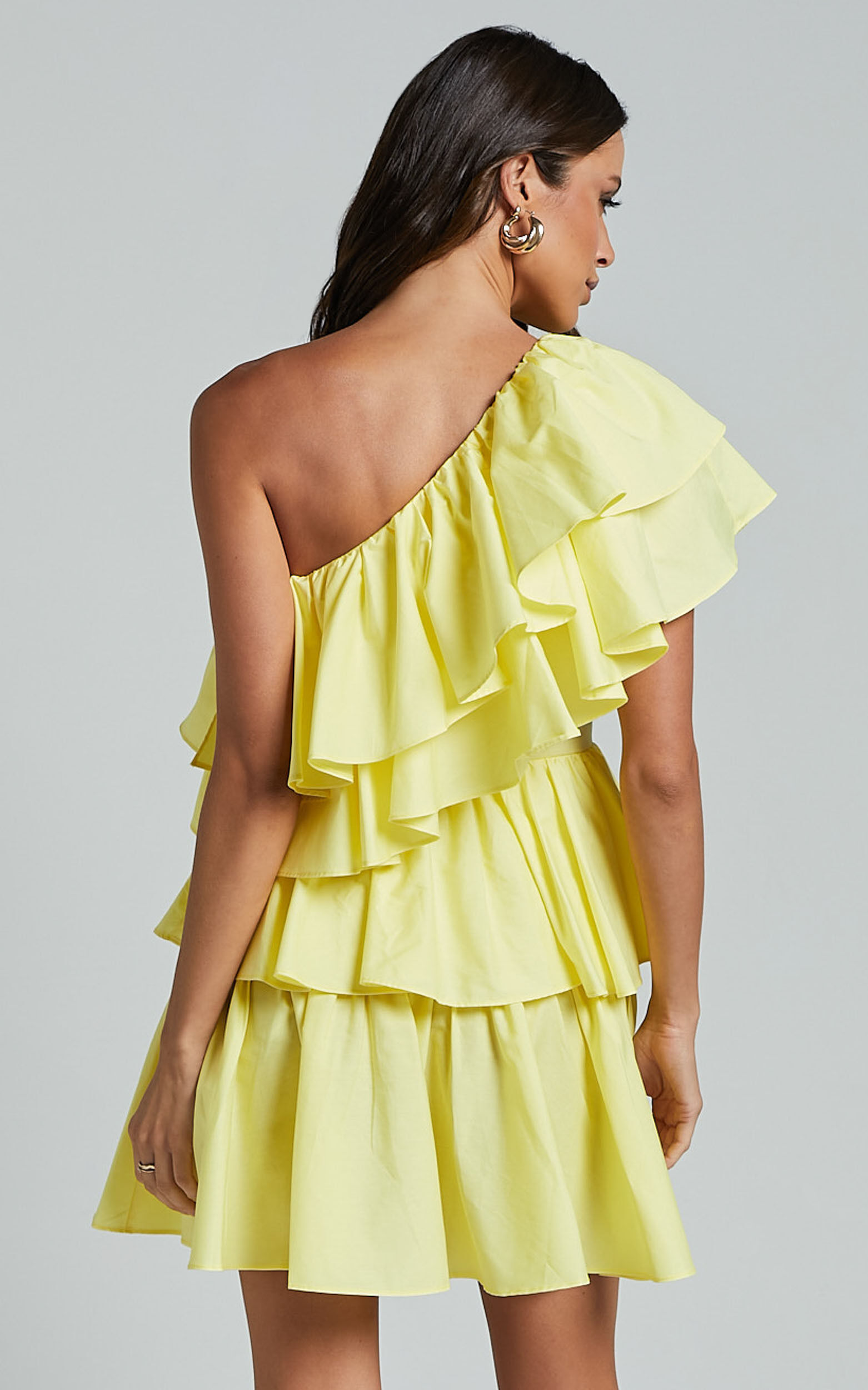 Flora Mini Dress One Shoulder Tiered Dress in Sun Yellow