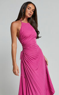 Gilly Midi Dress - Asymmetric Pleated Dress in Berry