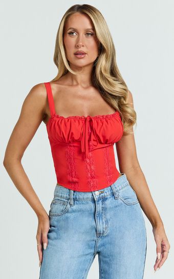 Brody Top - Lace Back Detail Frill Corset Top in Red