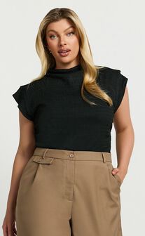 Brionne Top - High Neck Cap Sleeve Top in Black