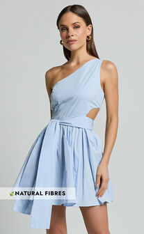 Mauee Mini Dress - One Shoulder Tie Waist Cut Out Dress in Powder Blue