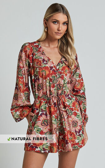 Amalie The Label - Soliel Linen Blend Long Bishop Sleeve Playsuit in Musee Print