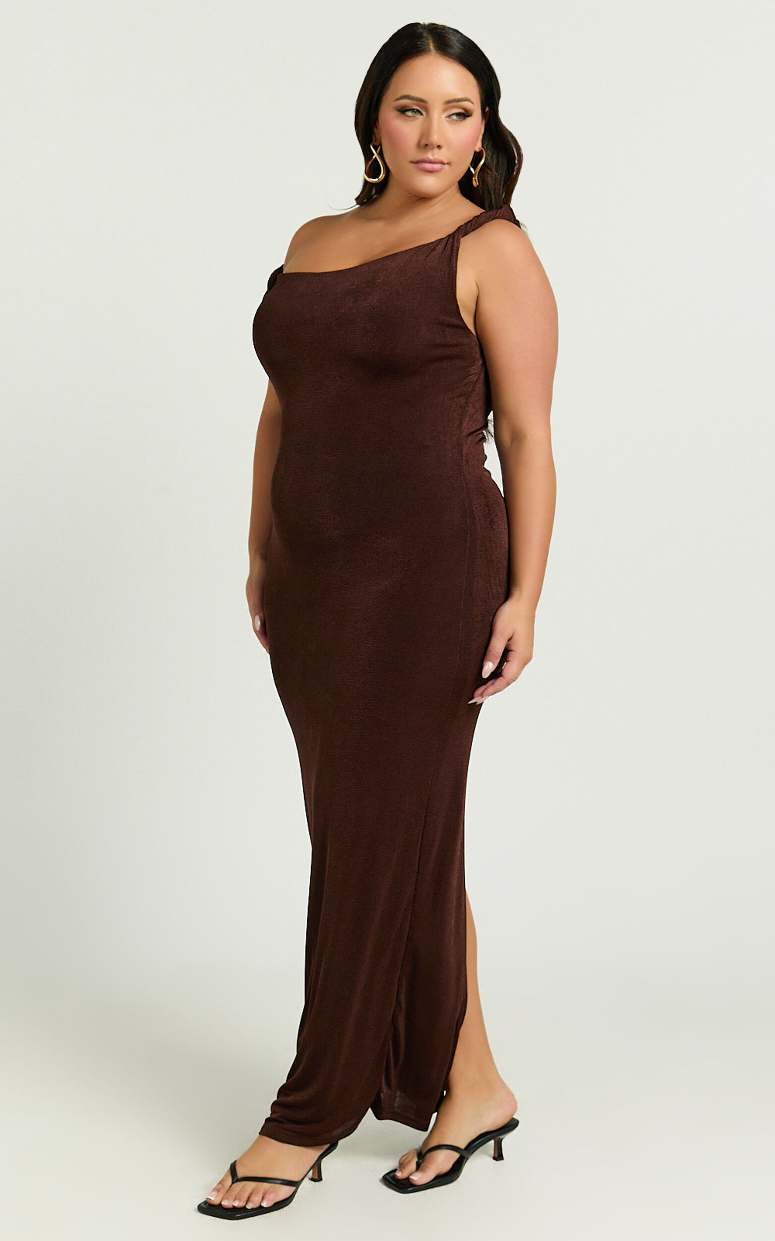 Isabel Midi Dress - Twist Off Shoulder Bodycon Dress in Chocolate | Showpo