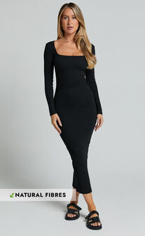 Lucy Midi Dress - Ribbed Side Ruched Bodycon Dress in Black