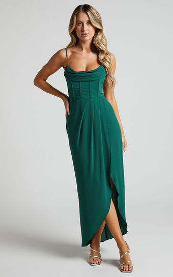 Andrina Midi Dress  High Low Wrap Corset in Forest Green