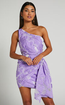 Brailey Mini Dress - One Shoulder Wrap Front Dress in Purple Jacquard