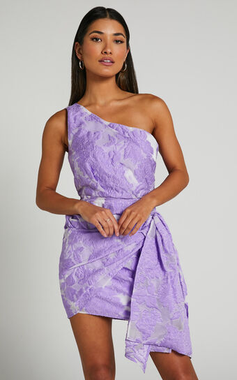 Brailey Mini Dress  One Shoulder Wrap Front in Purple Jacquard Showpo