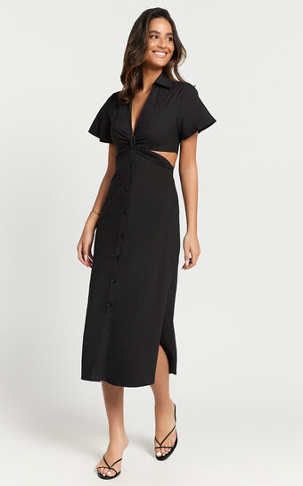 Aeryn Midi Dress - Front Twist Cut Out Shirt Dress in Black