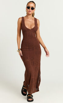 Taylor Maxi Dress - Crochet Knit Scoop Neck Dress in Chocolate