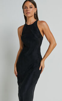 Irvine Midi Dress - Racer Neck Slip Dress in Black
