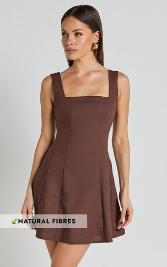 Adiana Mini Dress - Linen Look Square Neck Shirred Back A Line Dress in Chocolate