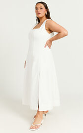 Walters Midi Dress - Square Neck Shirred Back Fit and Flare Panel Dress in White | Showpo
