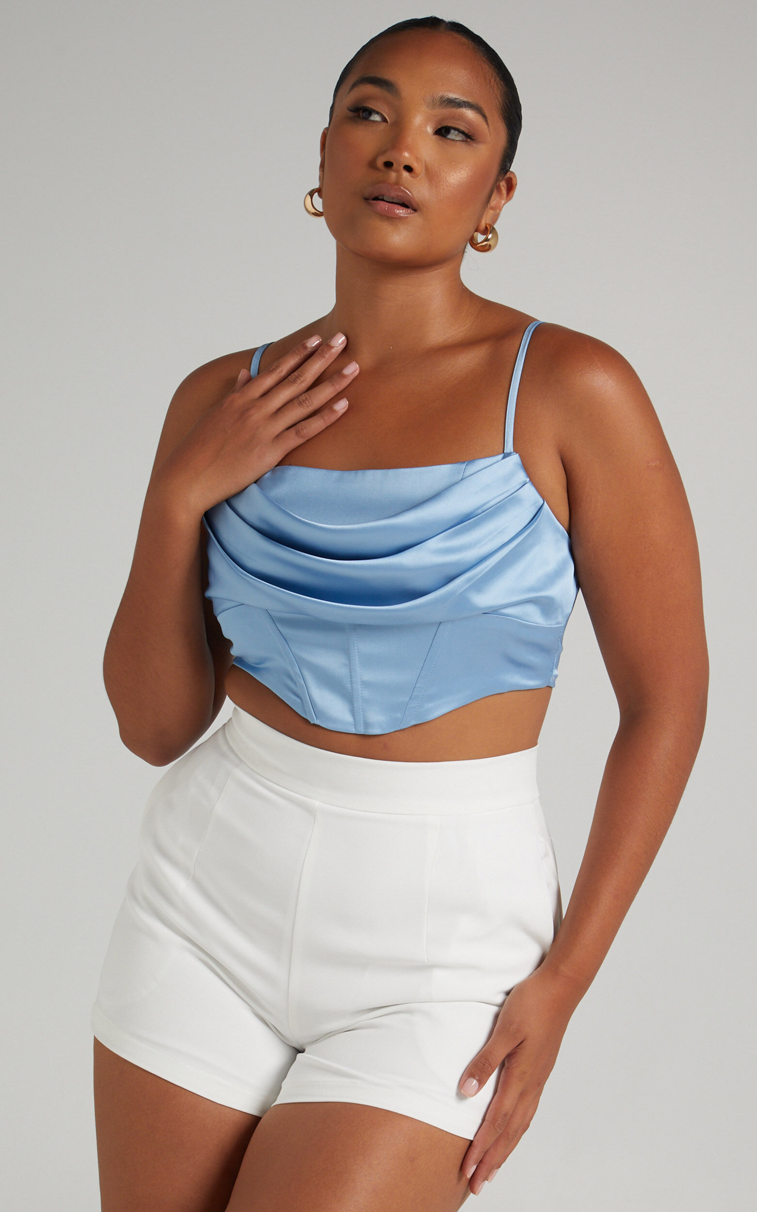 Jadey Cowl Neck Corset Crop Top in Dusty Blue Satin Showpo EU