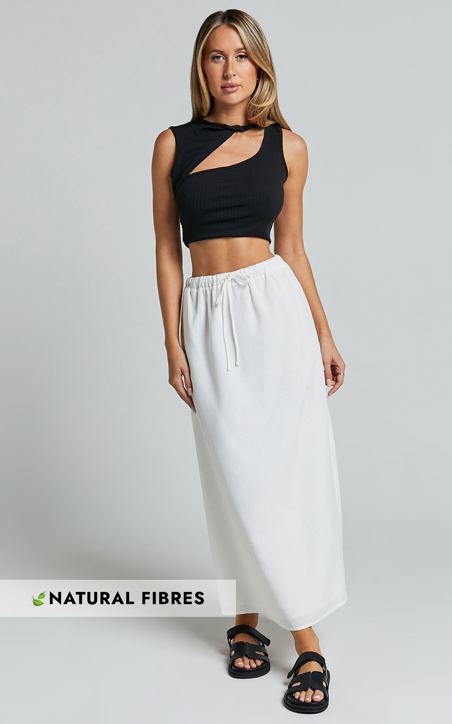 Bree Midi Skirt Tie Waist Linen Look A Line Skirt in White