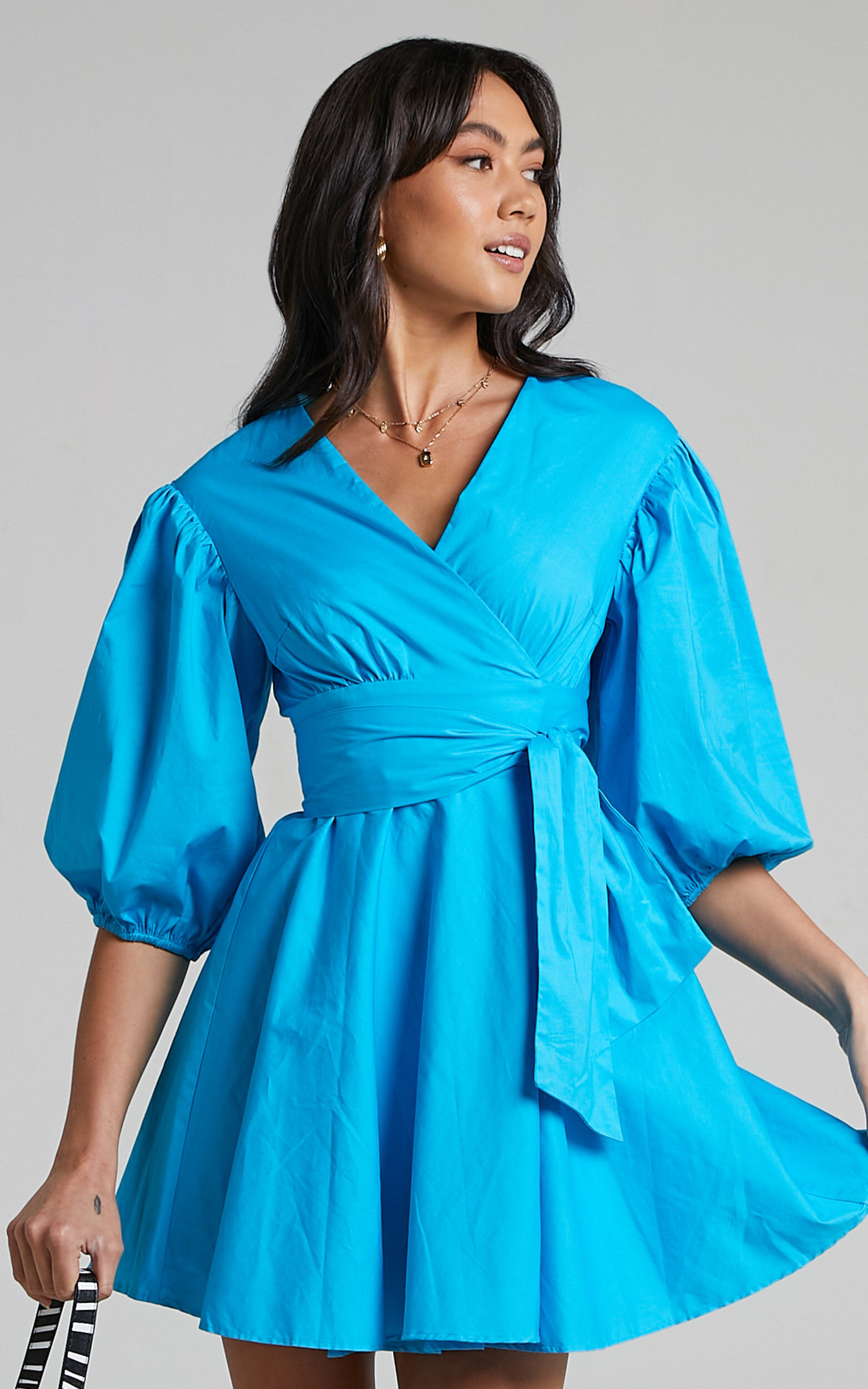 Zyla Mini Dress - Puff Sleeve Wrap Dress in Blue | Showpo