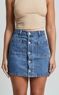 Gertrude Mini Skirt - High Waist Button Through Denim Skirt in Mid Blue Wash