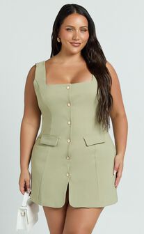 Kenna Mini Dress - Square Neck Button Down Mini Dress in Sage