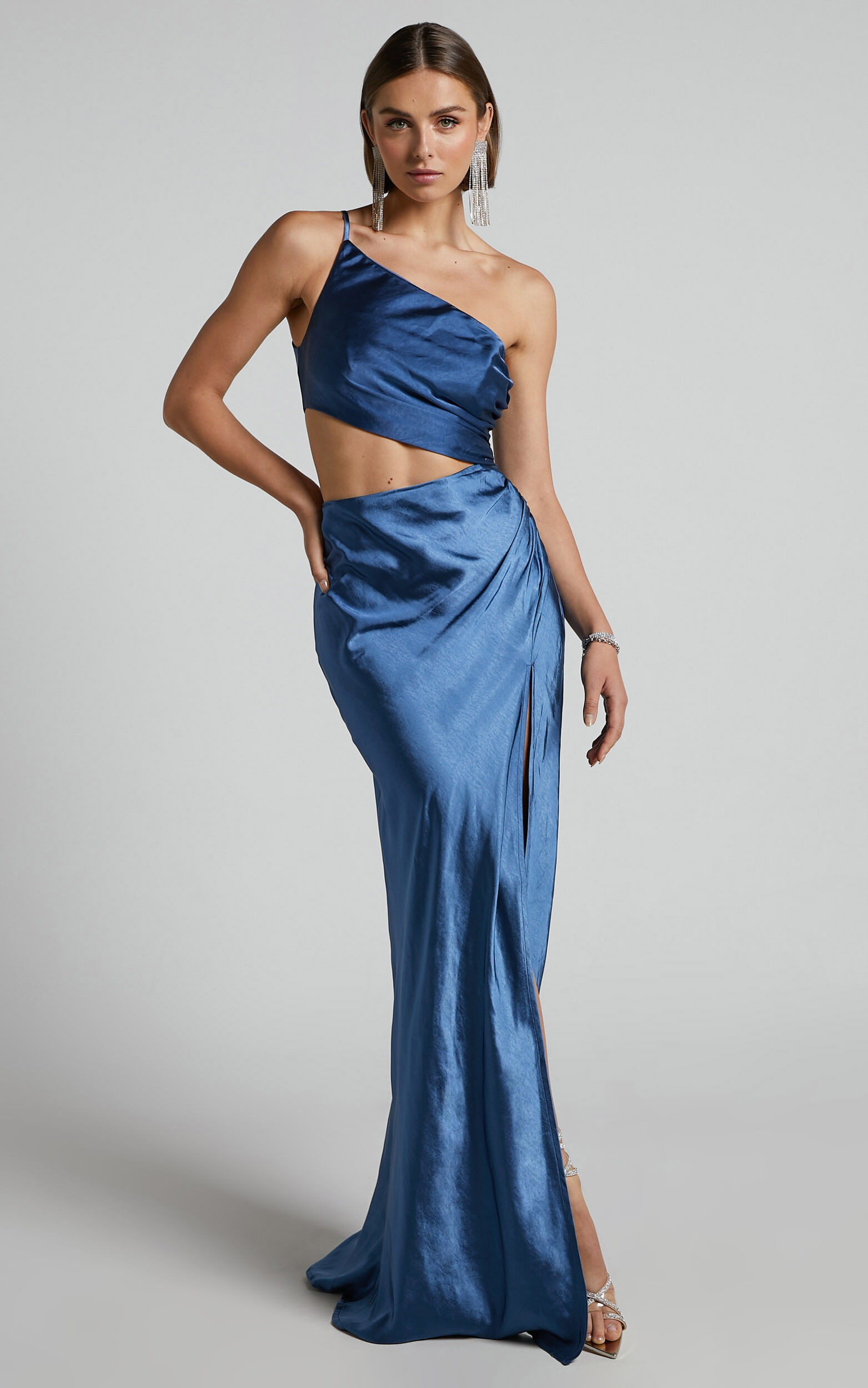 Brody Maxi Dress - Side Cut Out One Shoulder Dress in Steel Blue - 04, BLU1