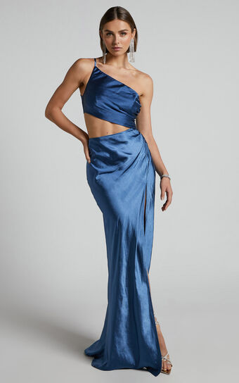 Brody Maxi Dress - Side Cut Out One Shoulder Dress in Steel Blue