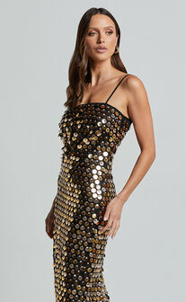 Amarie Midi Dress - Circle Sequin Dress in Gold