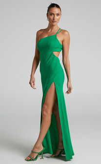 Medea Midi Dress - One Shoulder Cut Out Dress in Green